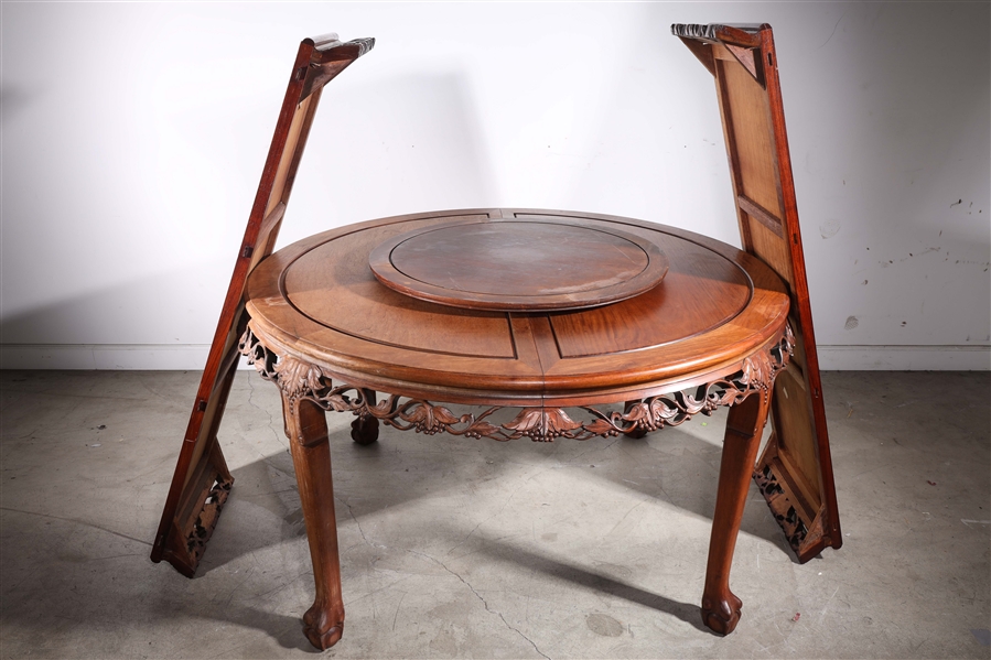 Appraisal: Chinese carved wooden table with lazy susan and two leafs