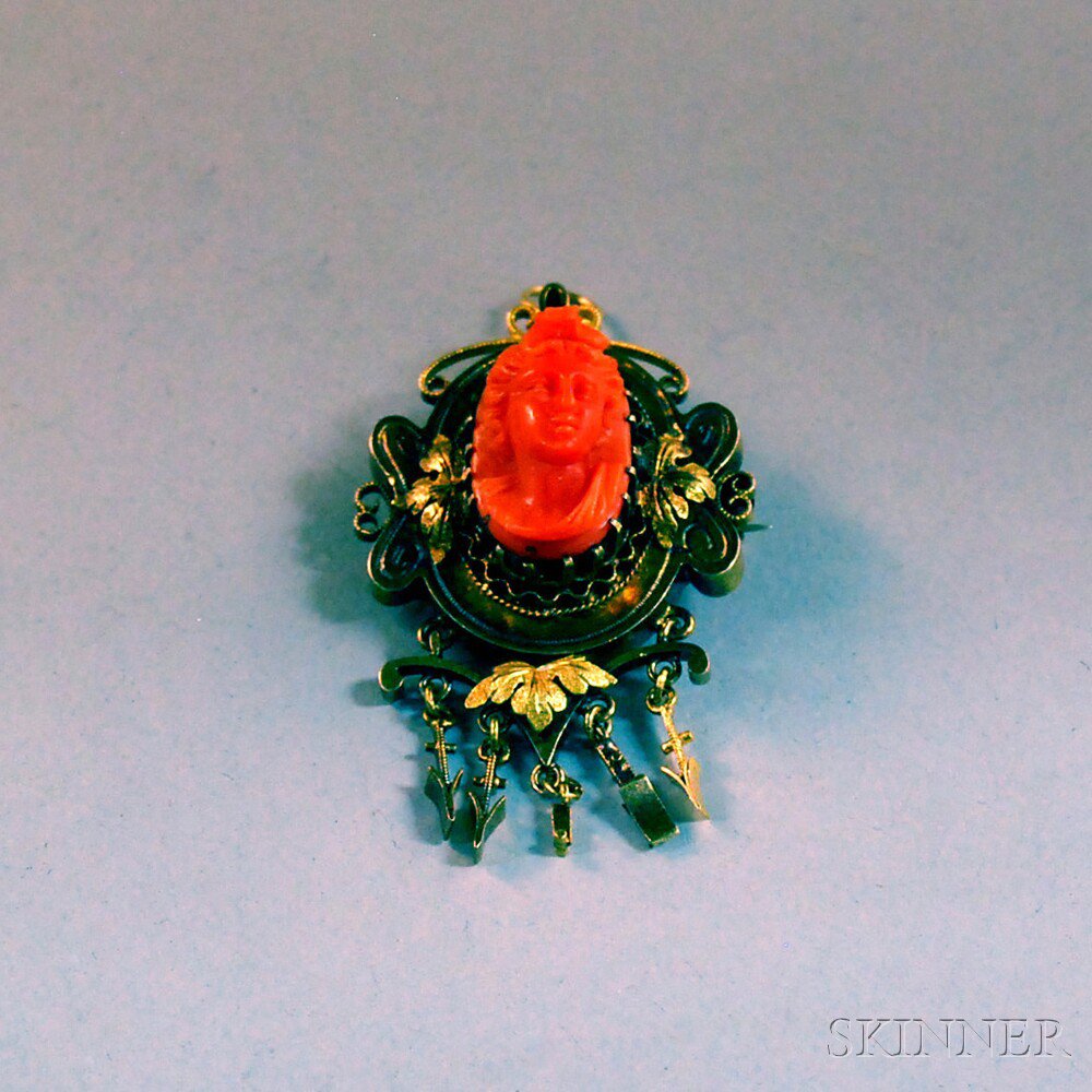 Appraisal: Victorian kt Gold and Carved Coral Pendant Brooch the pin