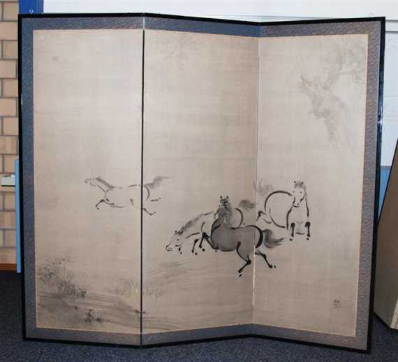 Appraisal: THREEFOLD SCREEN OF GALLOPING HORSES BY TAKAMATSU SENREI Japan early