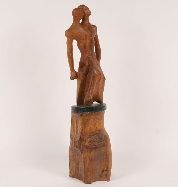 Appraisal: Robert Lohman American - bifurcated abstract wood sculpture exaggerated human