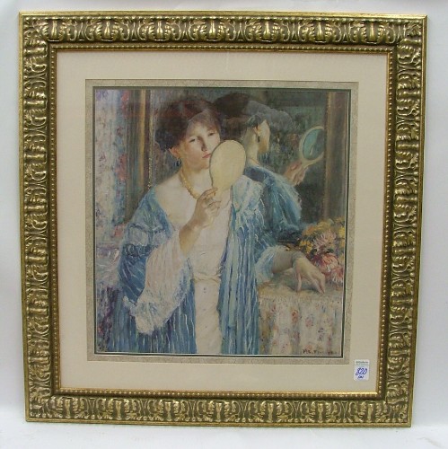 Appraisal: TWO COLOR LITHOGRAPHS woman in blue dressing gown looking into