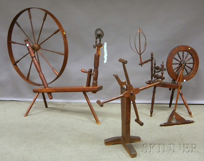 Appraisal: Three Spinning and Winding Pieces an oak flax wheel wooden