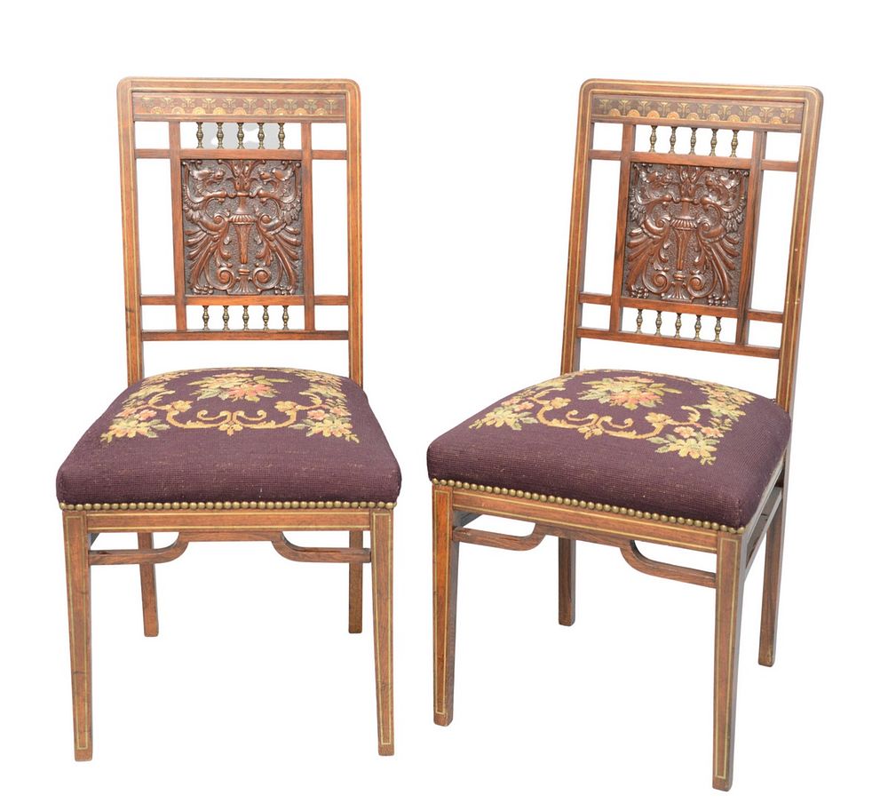 Appraisal: Pair of Aesthetic Rosewood Slipper Chairs having multi-metal inlays over