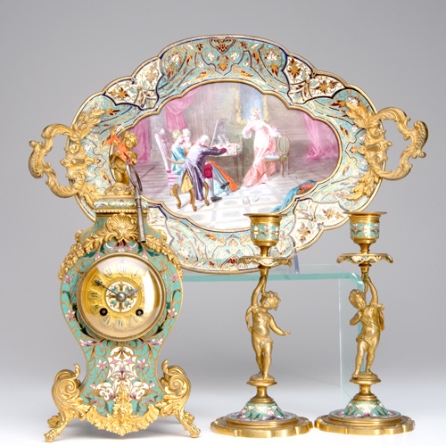 Appraisal: FRENCH CHAMPLEVE Enamel and gilt bronze clock garniture in Louis