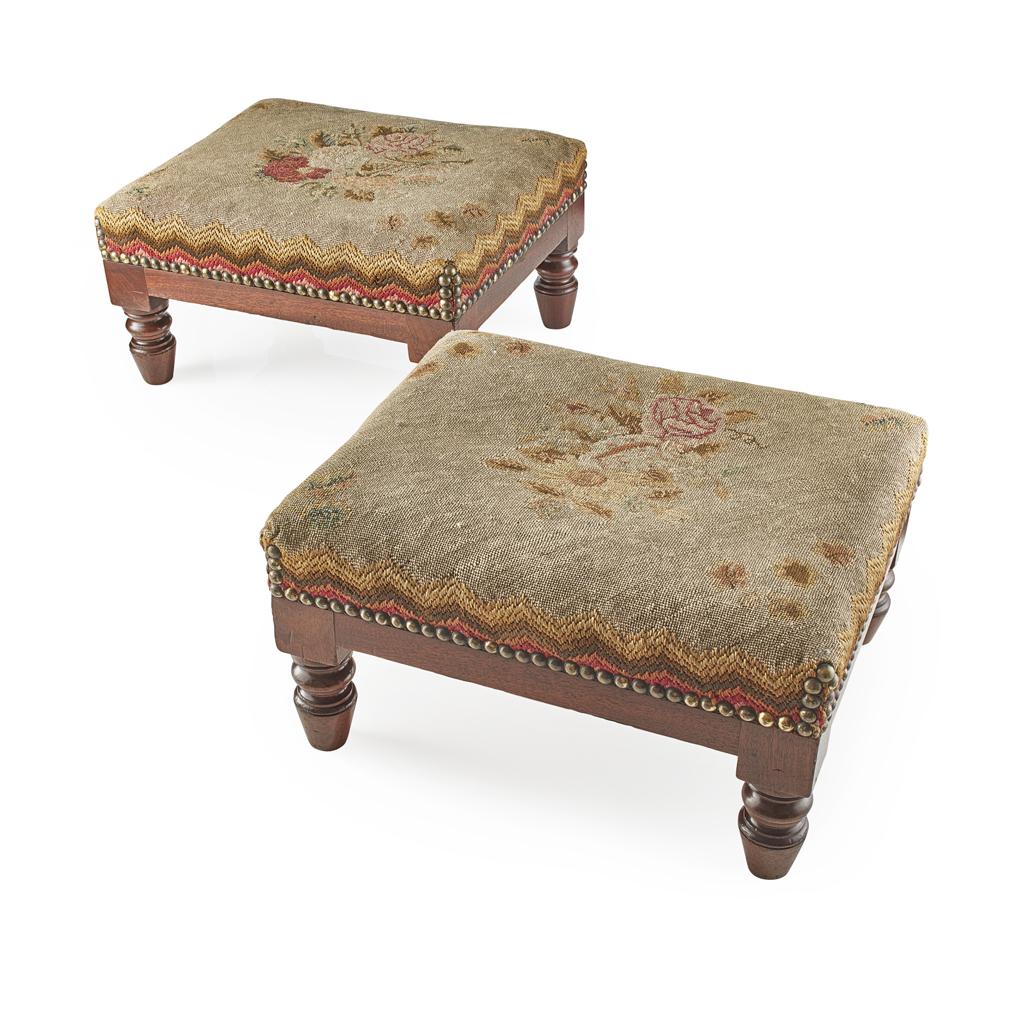 Appraisal: PAIR OF WILLIAM IV MAHOGANY FOOT STOOLS CIRCA with floral