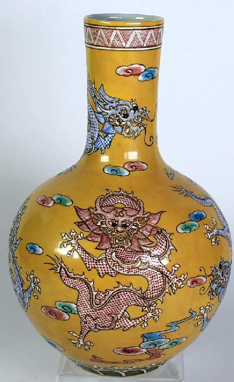 Appraisal: MODERN CHINESE FAMILLE PORCELAIN BOTTLE VASE with snarling five toed