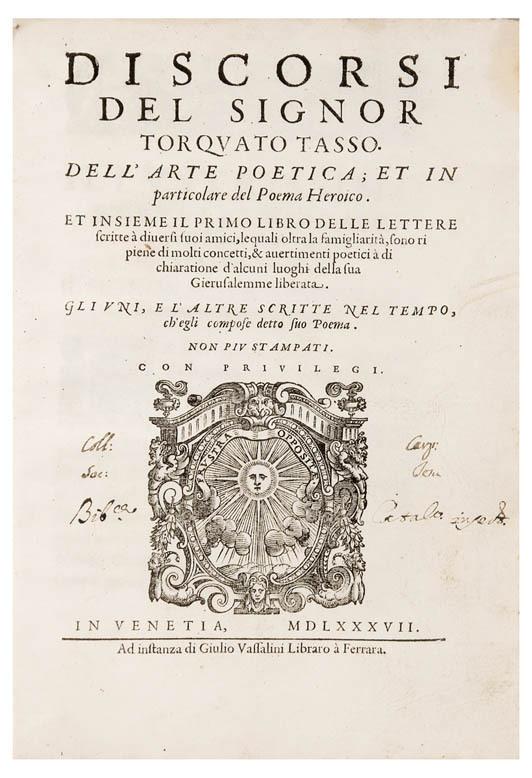 Appraisal: TASSO Torquato Discorsi del signor Torquato Tasso Dell'Arte Poetica Et