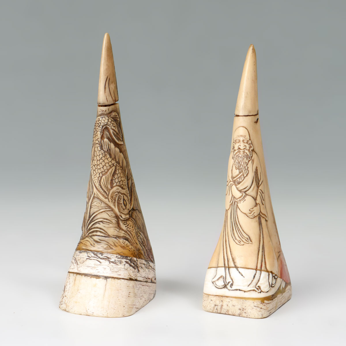 Appraisal: HORN BILL SCRIMSHAW SNUFF BOTTLES Carved Scrimshaw Horn Bill snuff