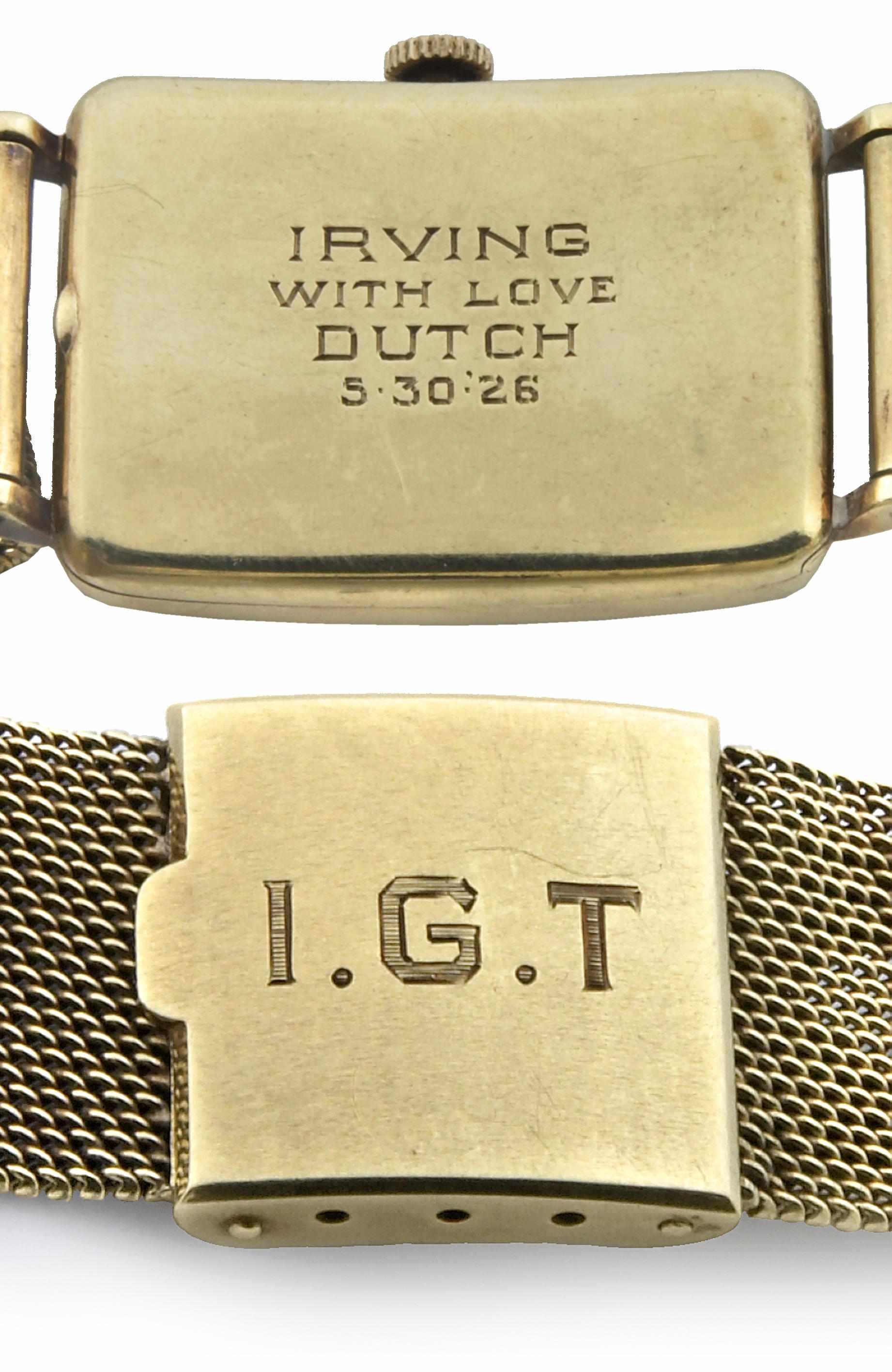 Appraisal: Irving Thalberg engraved gold wristwatch A men's Longines wristwatch with