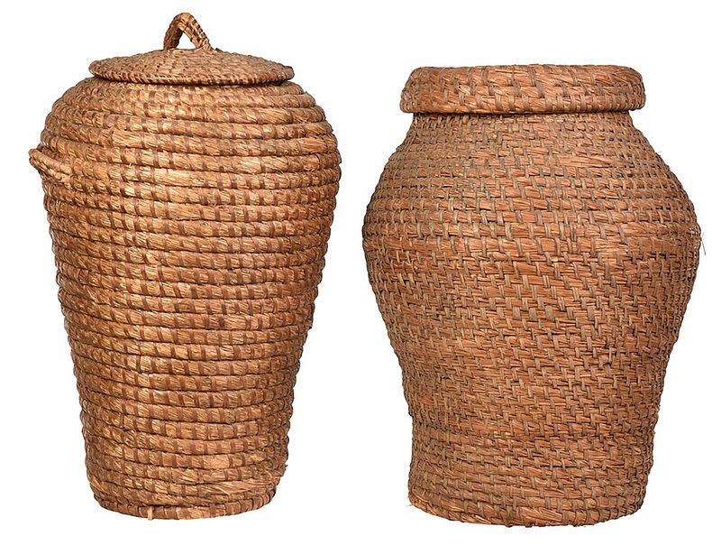 Appraisal: Two Large Coil Woven Storage Baskets with Lids probably Pennsylvania