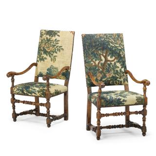 Appraisal: PAIR OF BAROQUE WALNUT ARMCHAIRS Each tapestry upholstered with padded