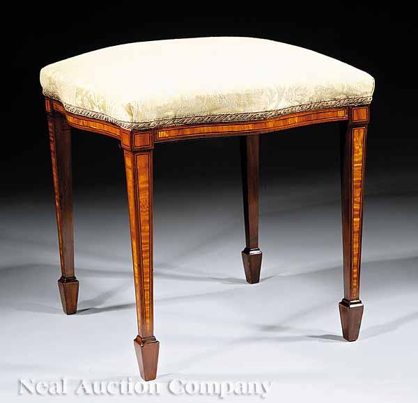 Appraisal: An Edwardian Mahogany and Satinwood Serpentine Bench c silk damask