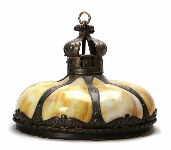 Appraisal: A Continental patinated metal and mottled glass hanging fixture height