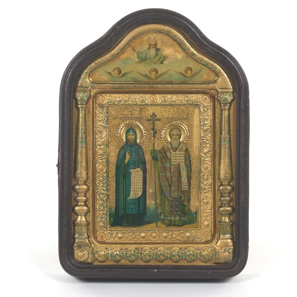 Appraisal: ANTIQUE RUSSIAN ICON OF SAINTS CYRIL AND METHODIUS IN SHADOWBOX