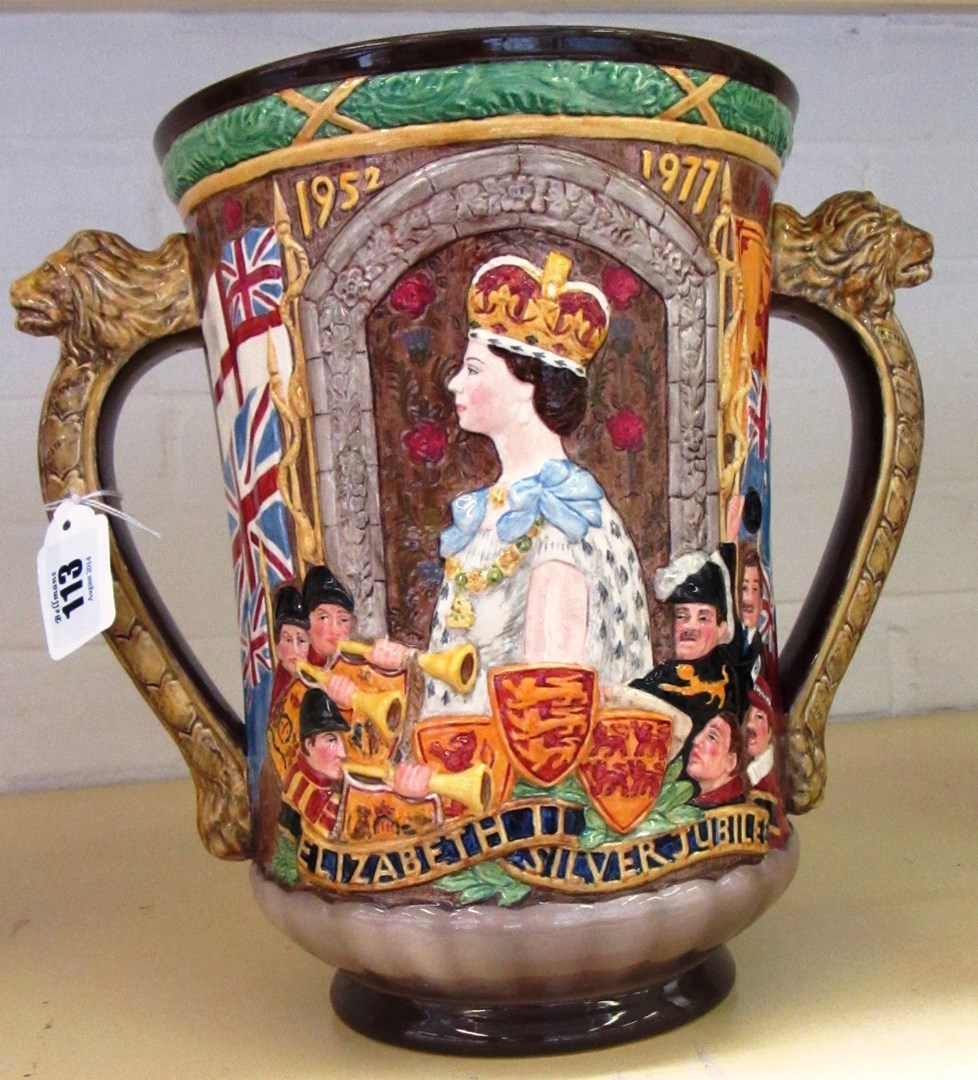 Appraisal: A Royal Doulton loving cup to commemorate the Queen Elizabeth