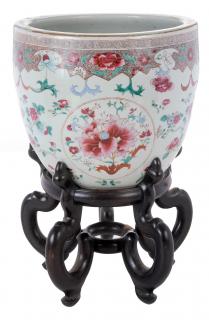 Appraisal: Famille Rose Porcelain Jardini re with Carved Hardwood Stand Chinese