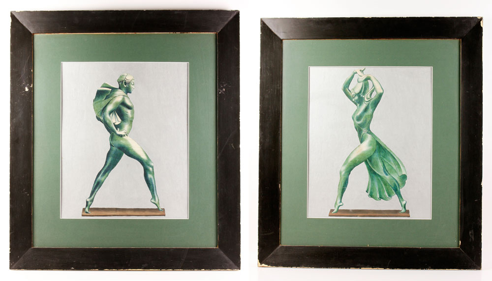 Appraisal: - Pair of Art Deco Figural Paintings Pair of Art