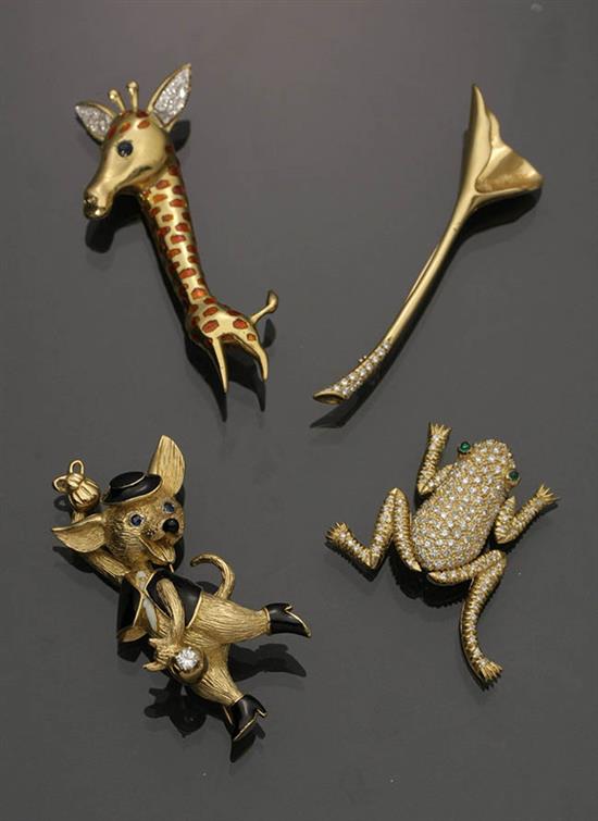 Appraisal: Four -Karat Yellow-Gold and Gem-Set Pins The first a giraffe