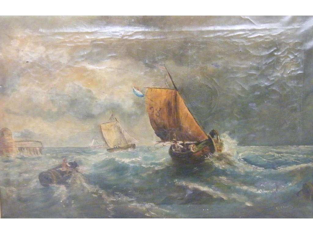 Appraisal: By Edwyn Edmunds - coastal scene with figures and boats