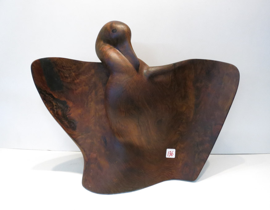 Appraisal: ANONYMOUS ARTIST BURL WOOD SCULPTURE a bird figure with extended