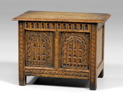 Appraisal: th century style miniature chest carved oak with pine secondary