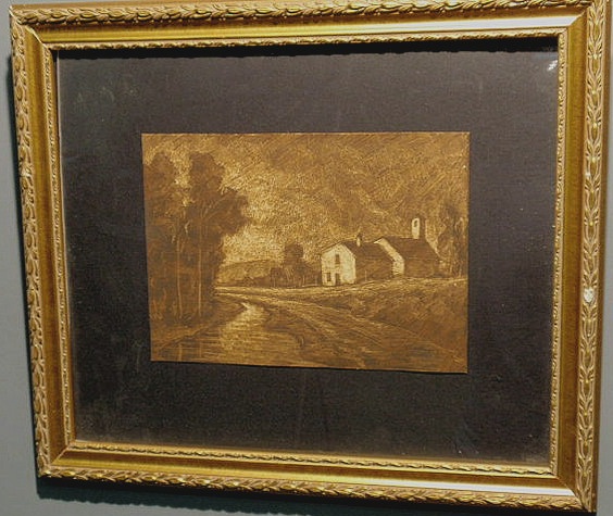 Appraisal: Original sepia ink etching of mission building near a tree