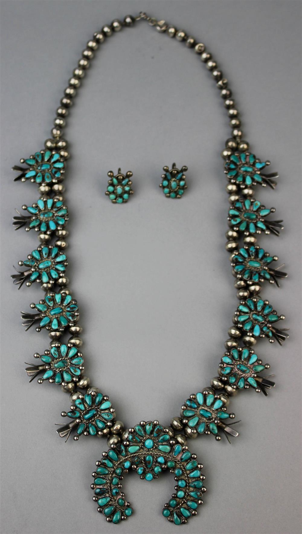 Appraisal: NATIVE AMERICAN SILVER AND TURQUOISE SQUASH BLOSSOM NECKLACE AND EARRINGS