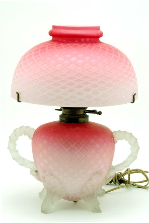 Appraisal: Late Victorian pink satin glass diamond pattern lamp with accompanying