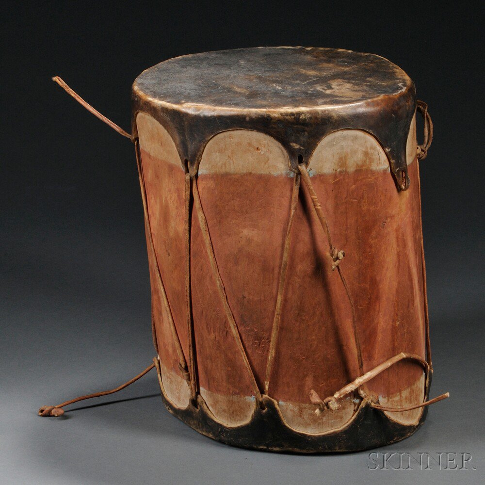 Appraisal: Taos Painted Wood and Rawhide Drum rawhide lashing broken in