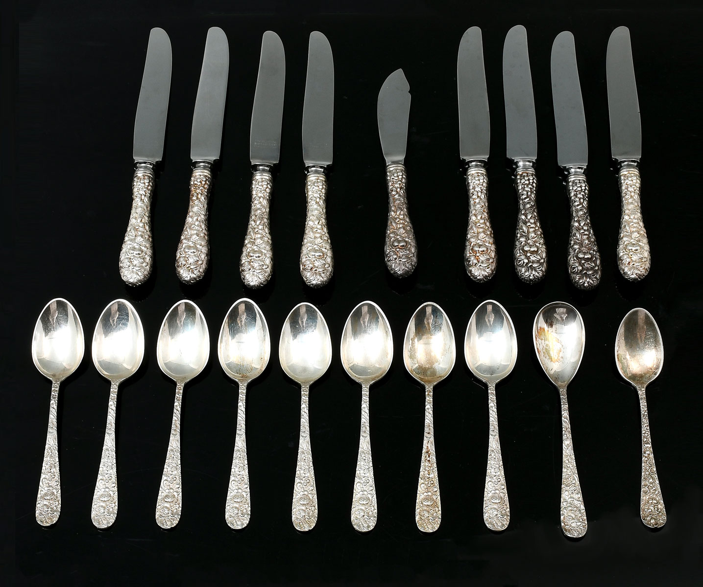 Appraisal: PC STIEFF REPOUSSE STERLING SILVER SPOONS KNIVES Approx Troy ounces