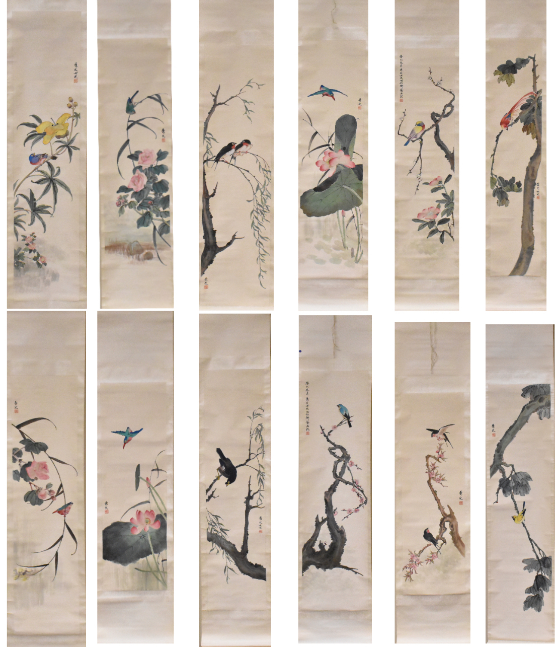 Appraisal: A group of Chinese scroll paintings of birds by Xiuwen