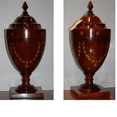 Appraisal: Pair of Neoclassical Style Inlaid Mahogany Urn-Form Knife Boxes Estimate