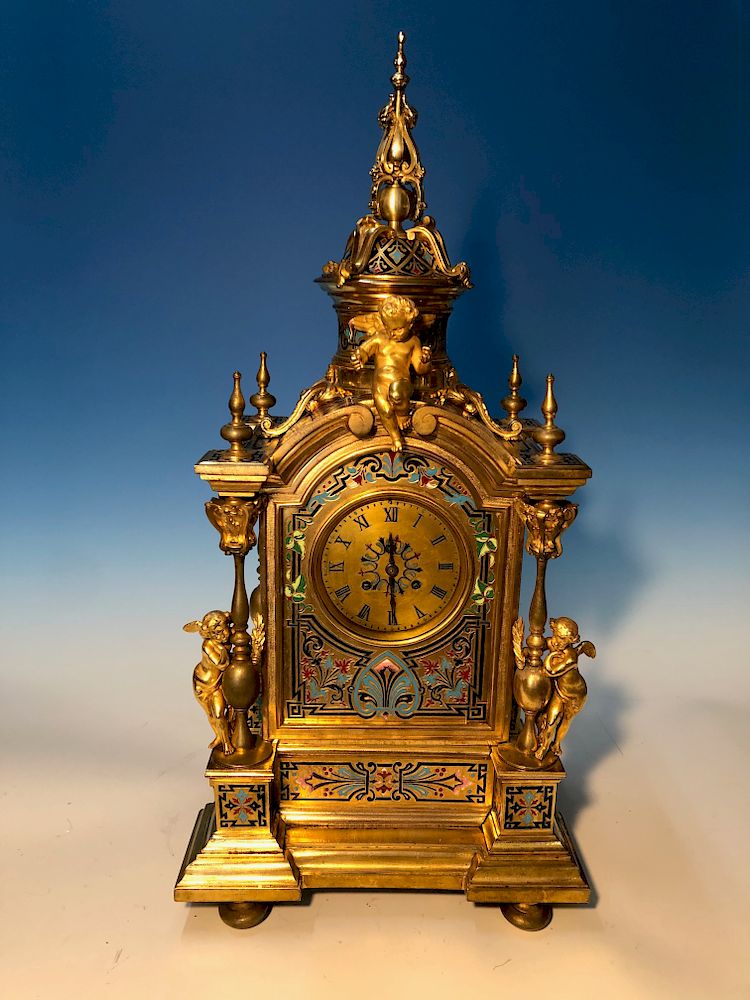 Appraisal: Very Large th C French Champleve Enamel Gilt Bronze Clock