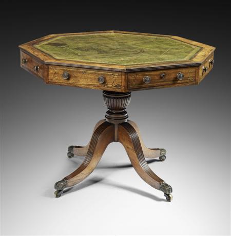 Appraisal: REGENCY ROSEWOOD AND BRASS INLAID OCTAGONAL DRUM LIBRARY TABLE CIRCA