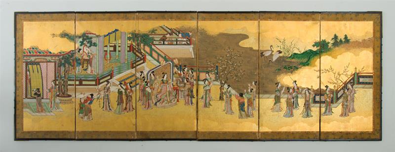 Appraisal: JAPANESE PAINTED PAPER SIX-FOLD TABLE SCREEN Each panel x in