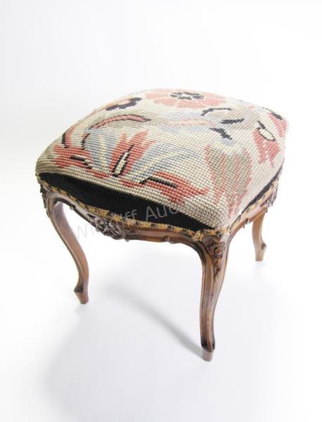 Appraisal: A vintage French vanity stool carved legs and apron tapestry