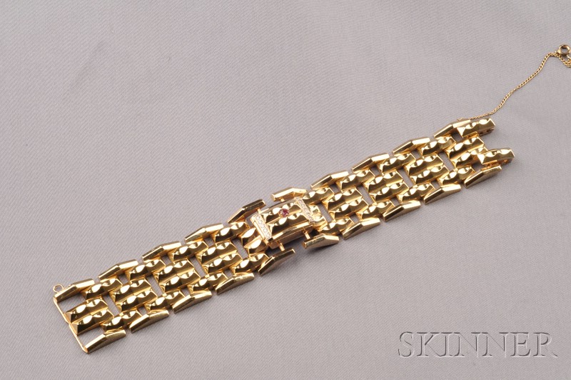 Appraisal: kt Gold and Gem-set Covered Watch the wide strap composed