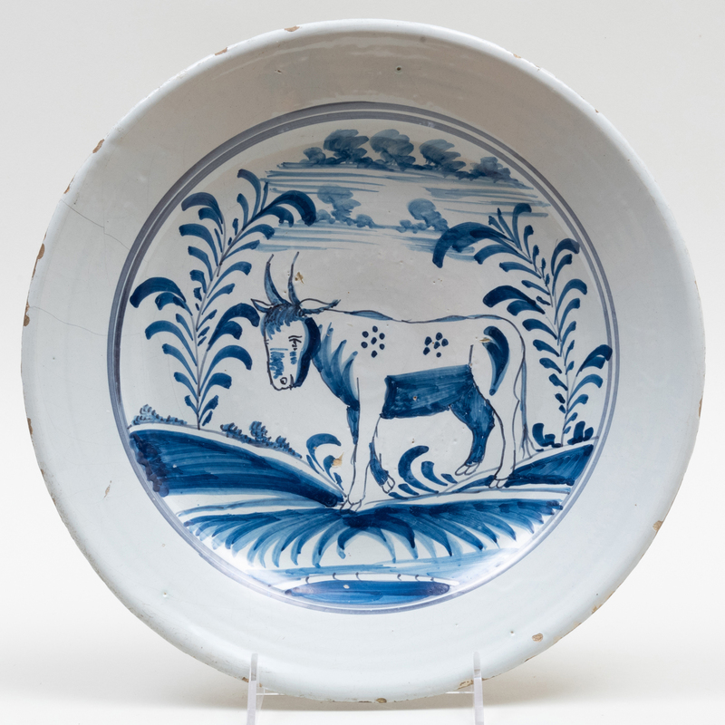 Appraisal: DELFT BLUE AND WHITE CHARGER DECORATED WITH A BULL Unmarked