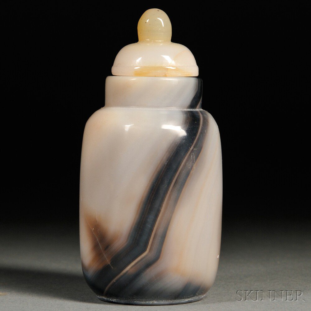 Appraisal: Banded Agate Snuff Bottle China cylindrical well-hollowed milky-gray stone with