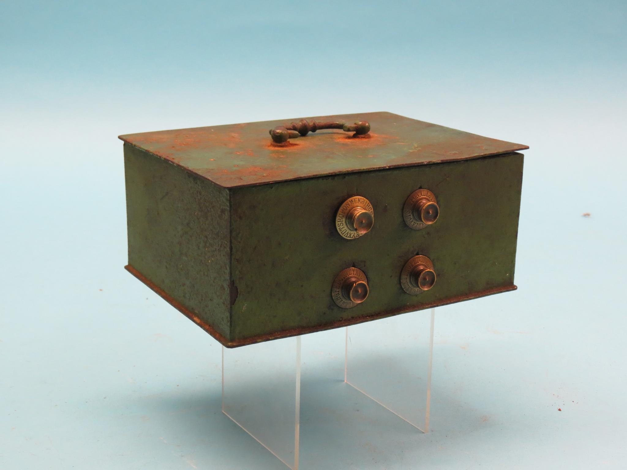 Appraisal: A th century sheet-iron strongbox four-digit alphabetical combination lock in