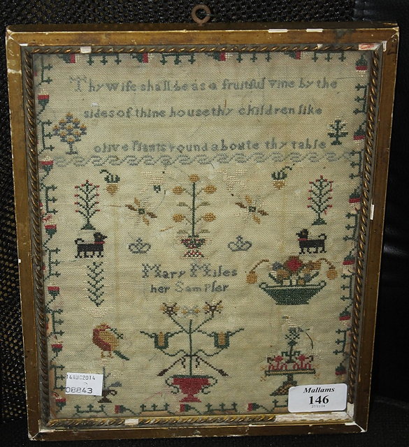 Appraisal: A th Century needlework sampler inscribed 'Mary Miles Her Sampler'