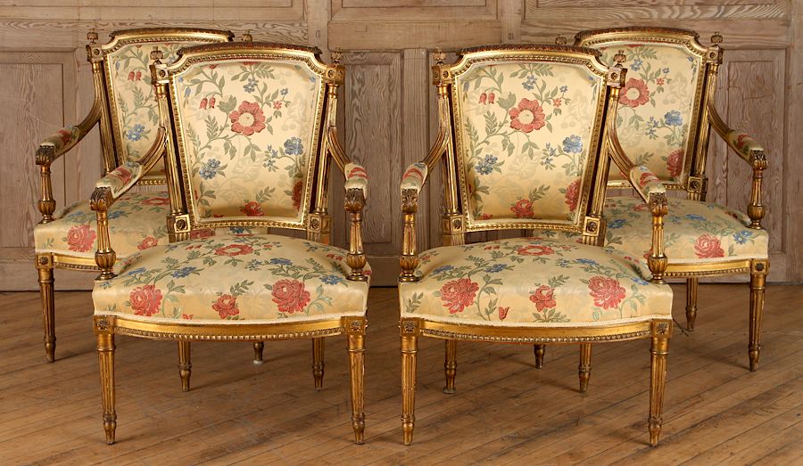 Appraisal: SET FRENCH GILT WOOD OPEN ARM CHAIRS LOUIS XVI A