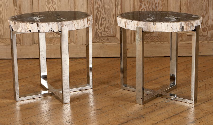 Appraisal: PAIR PETRIFIED WOOD END TABLE CHROME X-FROM BASES A pair