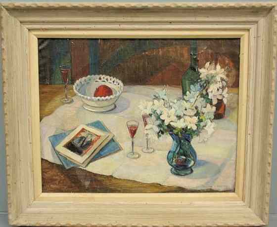 Appraisal: Oil on canvas still life painting of a table setting