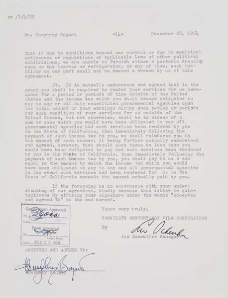 Appraisal: HUMPHREY BOGART Contract signed by Bogart for The Left Hand