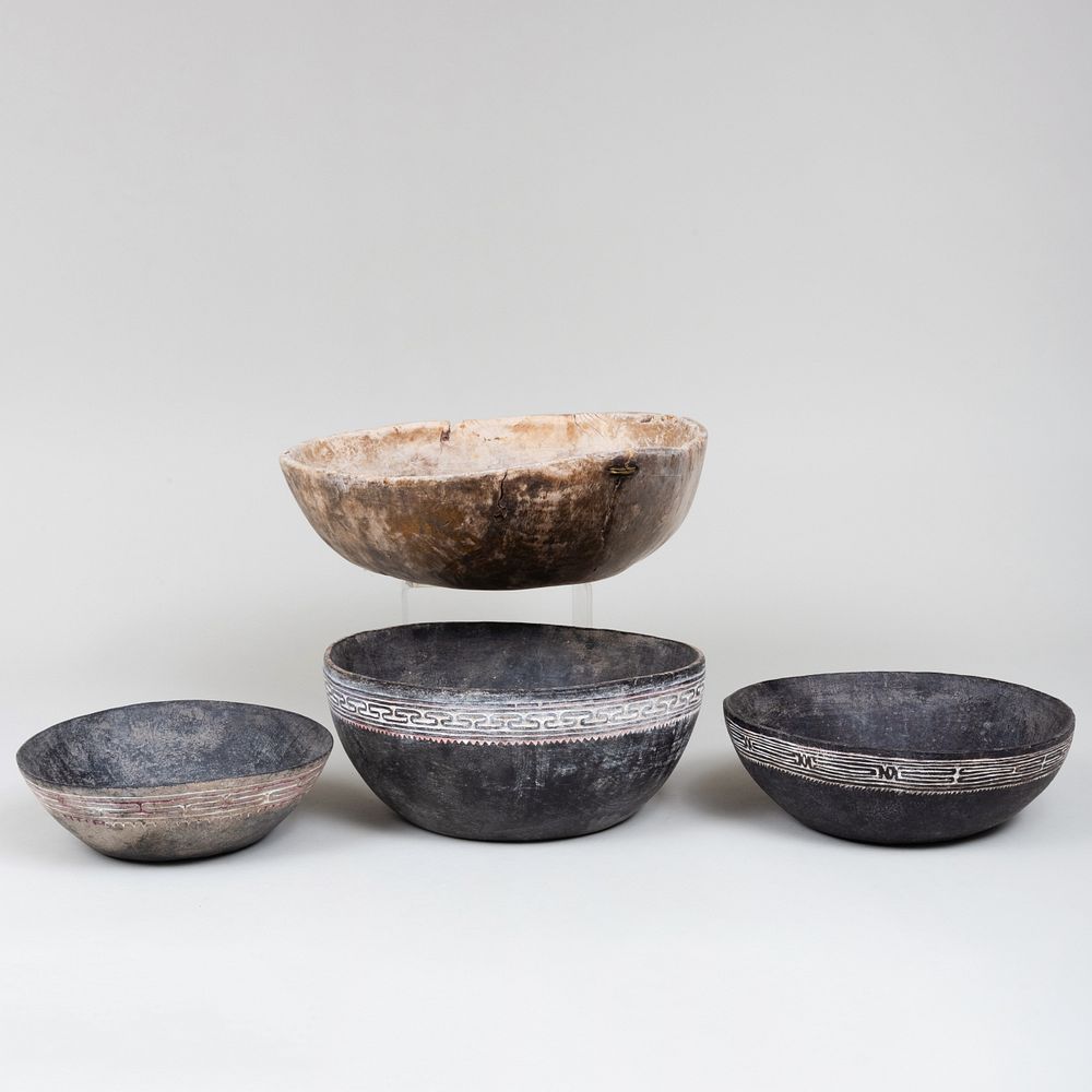 Appraisal: Three Black Painted Wooden Bowls and a Triangular Shaped Bowl