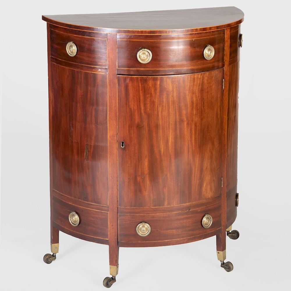 Appraisal: George III Style Inlaid Mahogany D-Shaped Side Cabinet Fitted with