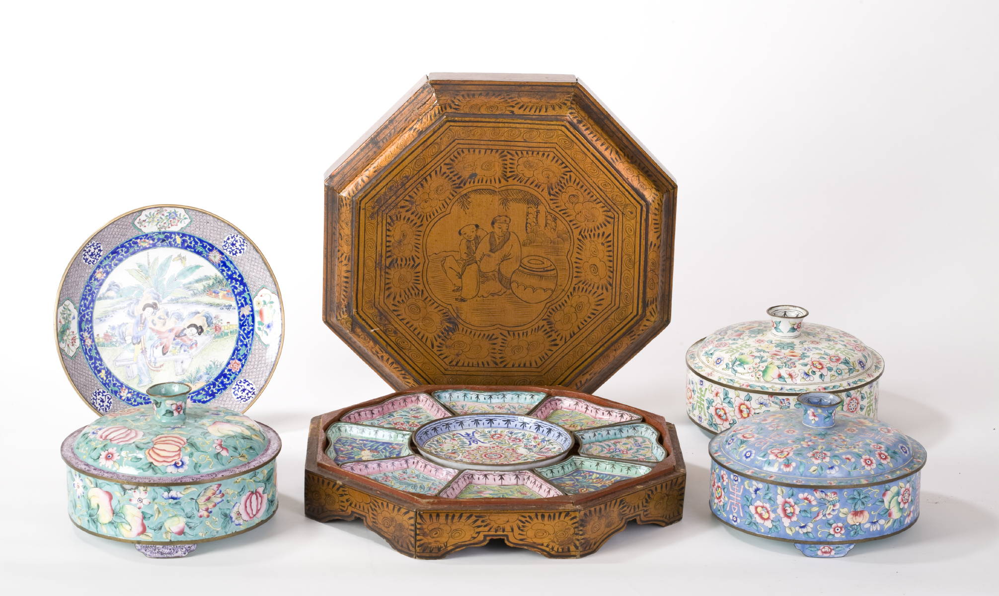 Appraisal: PEKING ENAMEL NINE-PIECE SWEET MEAT SET IN A LAQUERED BOX