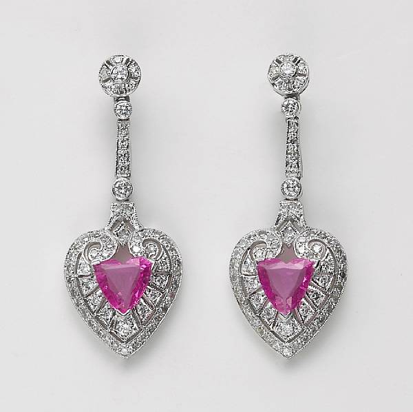 Appraisal: A pair of pink sapphire diamond and eighteen karat white