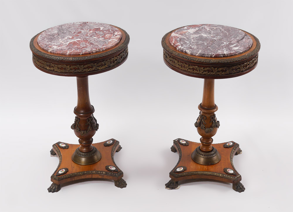 Appraisal: PAIR ORMOLU MOUNTED MARBLE TOP SIDE TABLES Ormolu mounted round